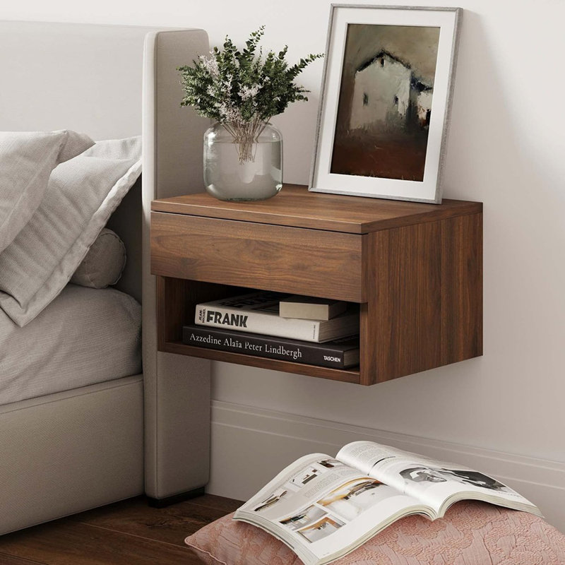 Arvester Modern Floating Bedroom Nightstand with Storage Drawer and Open Shelf Cubby Wade Logan Color Walnut
